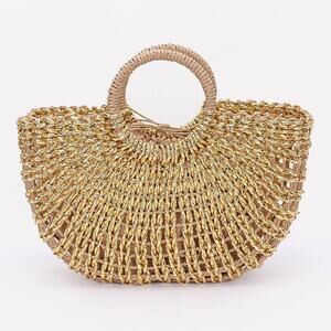 Gold Metallic Faux Straw Tote Bag with Pouch